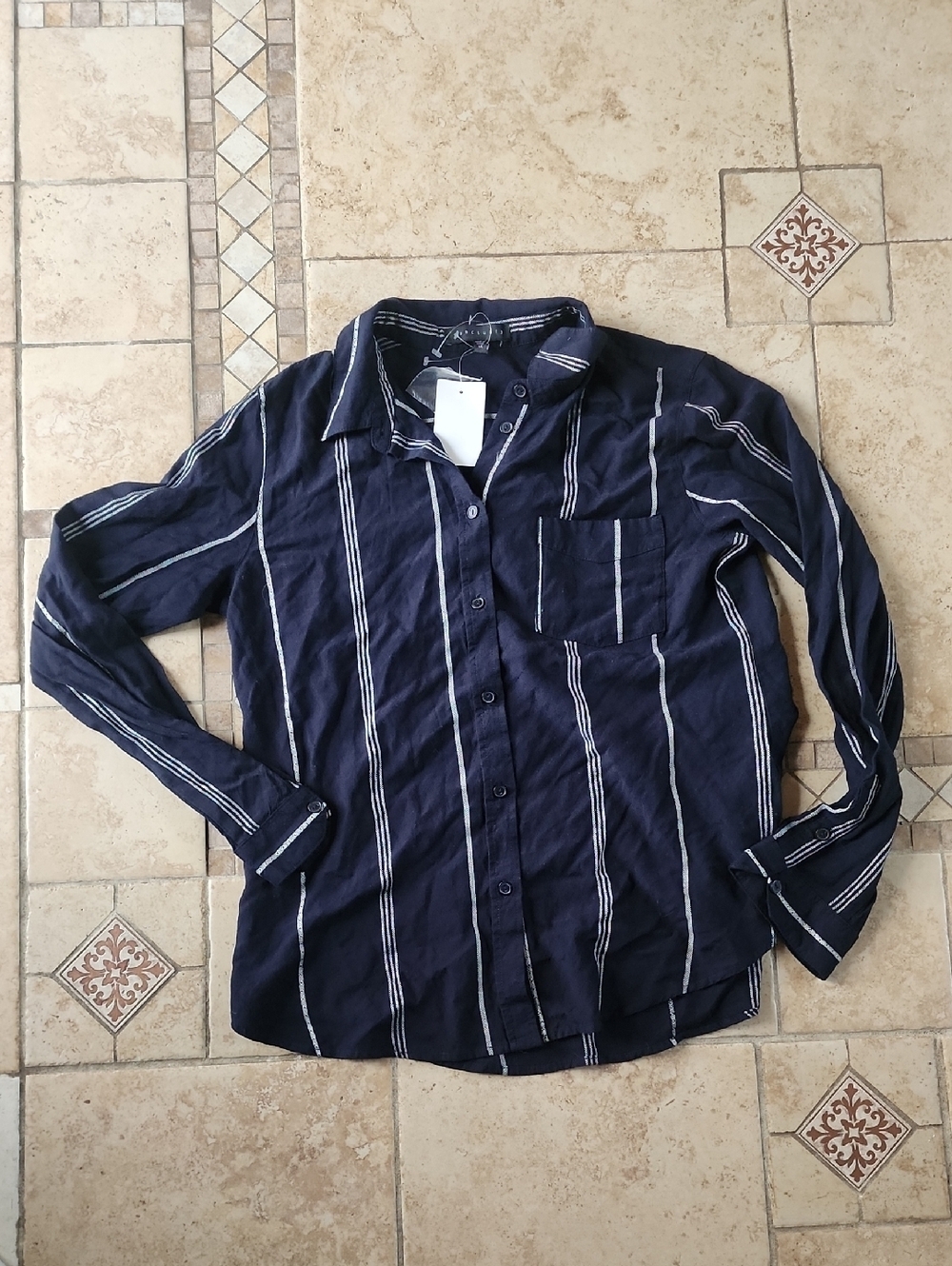 Sanctuary Navy Button-Down Shirt with White Stripes